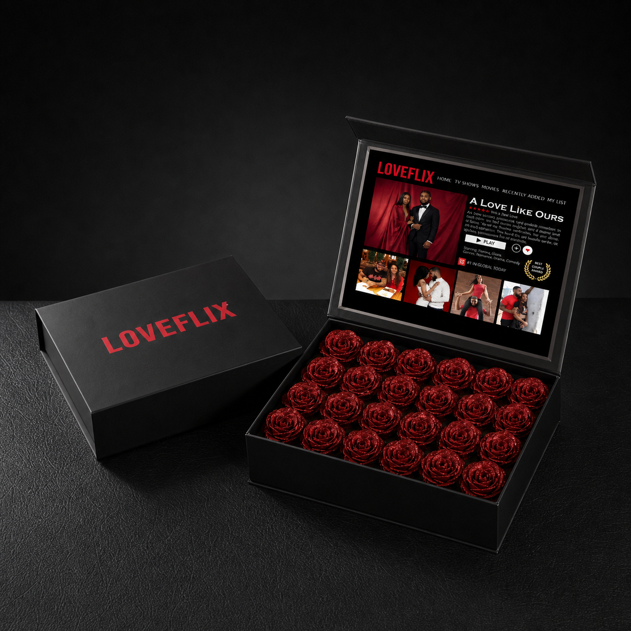 Custom LOVEFLIX Keepsake Box With Glitter Roses – Personalized Loveflix‑Style Couple Gifts