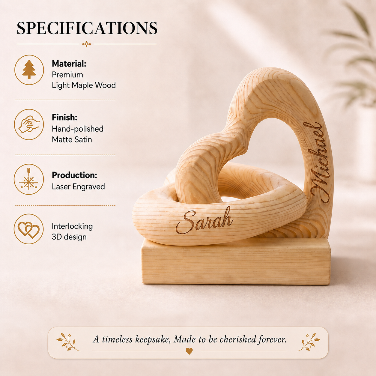 Personalized Wooden Infinity Heart Sculpture, Custom Couple Anniversary Gift, Romantic Home Decor