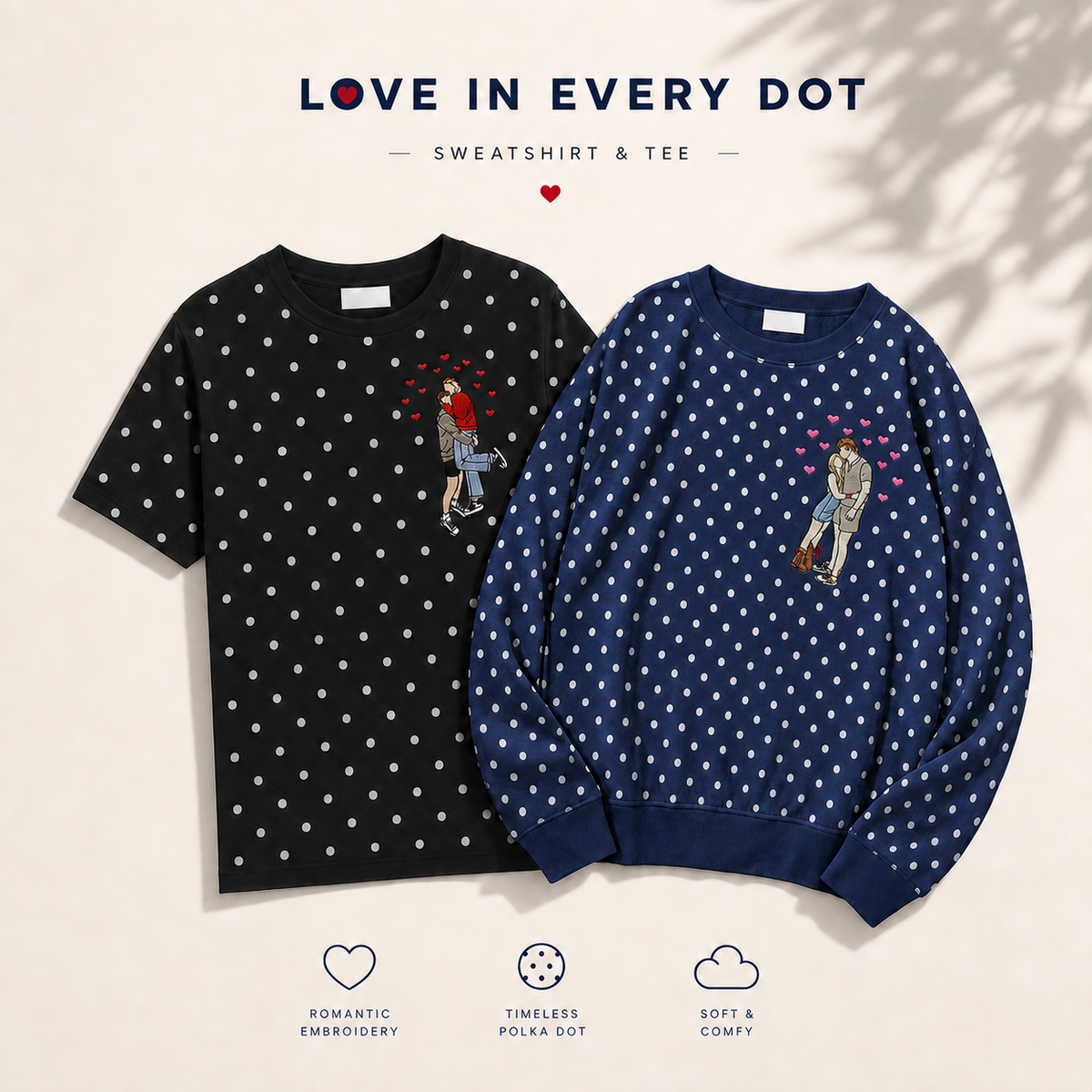 Custom Couple Photo Embroidery Polka Dot Top – Upload Your Favorite Picture, Personalized Portrait Sweatshirt / T-Shirt, Cute Gift for Her