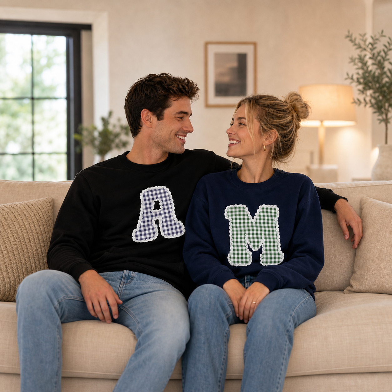 Custom Applique Initials Couple Sweatshirt – Wear Your Loved One’s Letter, Personalized Gift for Him & Her