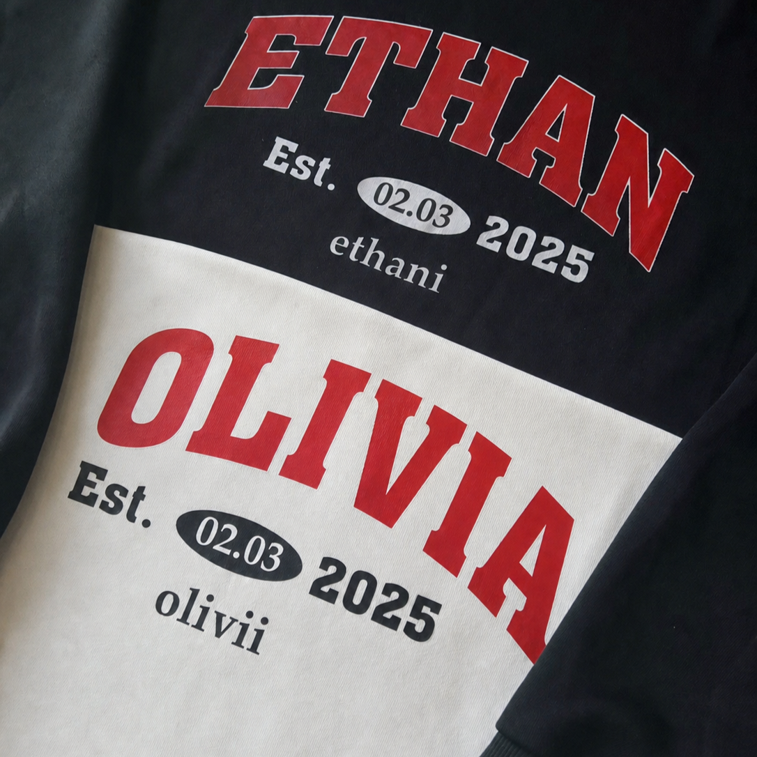 Custom Couple’s Sweatshirt – Personalized Matching Hoodie with Names, Est. Anniversary Date & Your Special Nickname