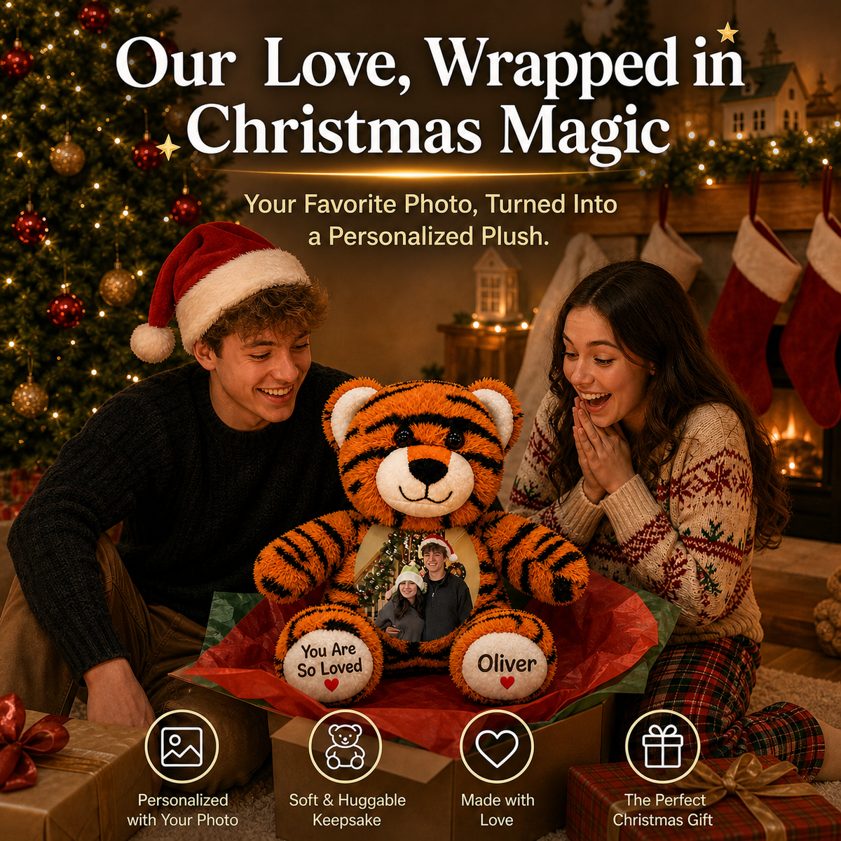 Custom Photo Tiger Plush Stuffed Animal — Personalized Name Toy, Birthday Keepsake, Christmas Gift for Child & Kids Gift