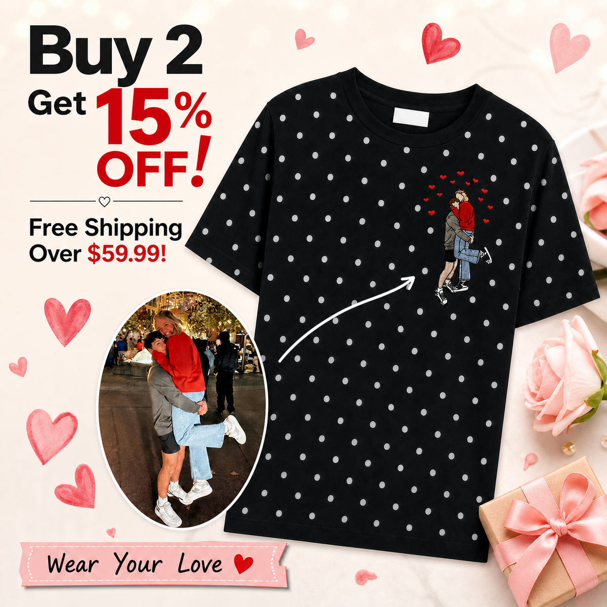 Custom Couple Photo Embroidery Polka Dot Top – Upload Your Favorite Picture, Personalized Portrait Sweatshirt / T-Shirt, Cute Gift for Her