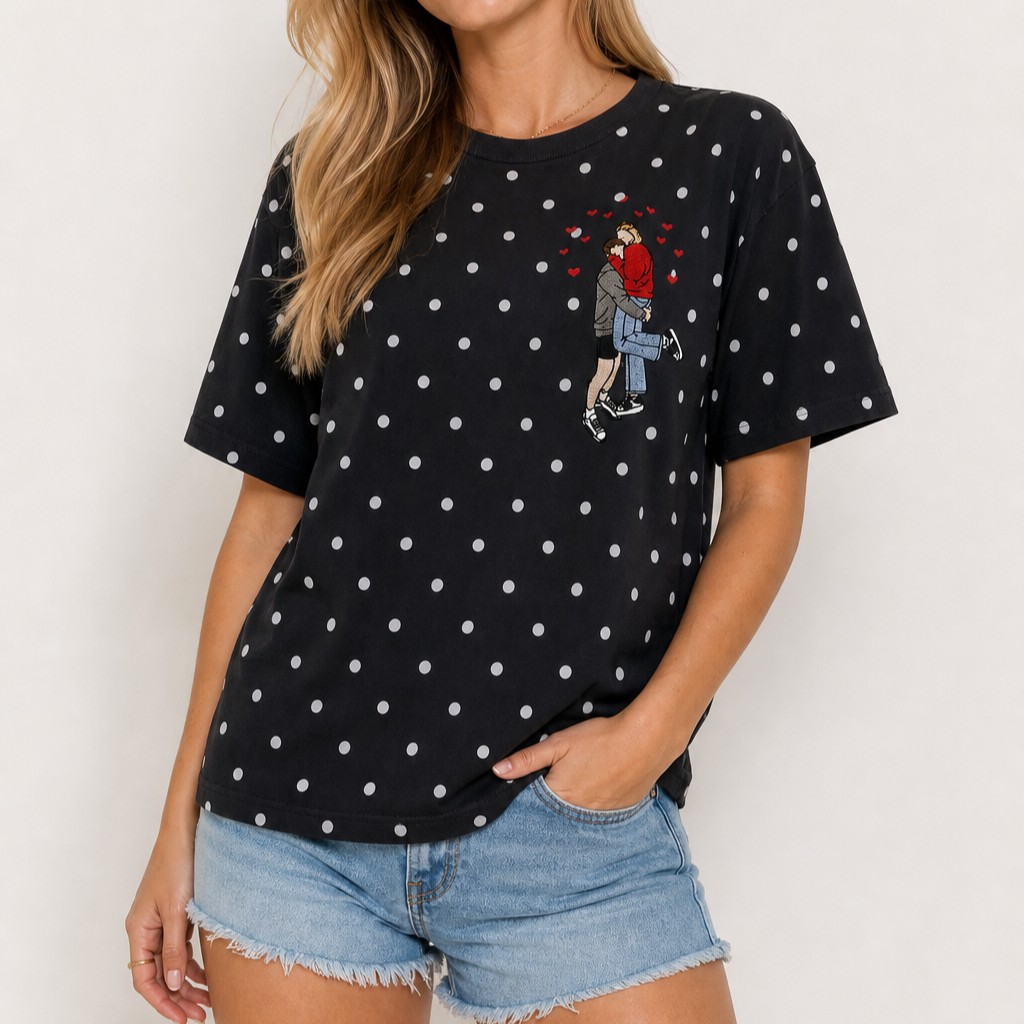 Custom Couple Photo Embroidery Polka Dot Top – Upload Your Favorite Picture, Personalized Portrait Sweatshirt / T-Shirt, Cute Gift for Her