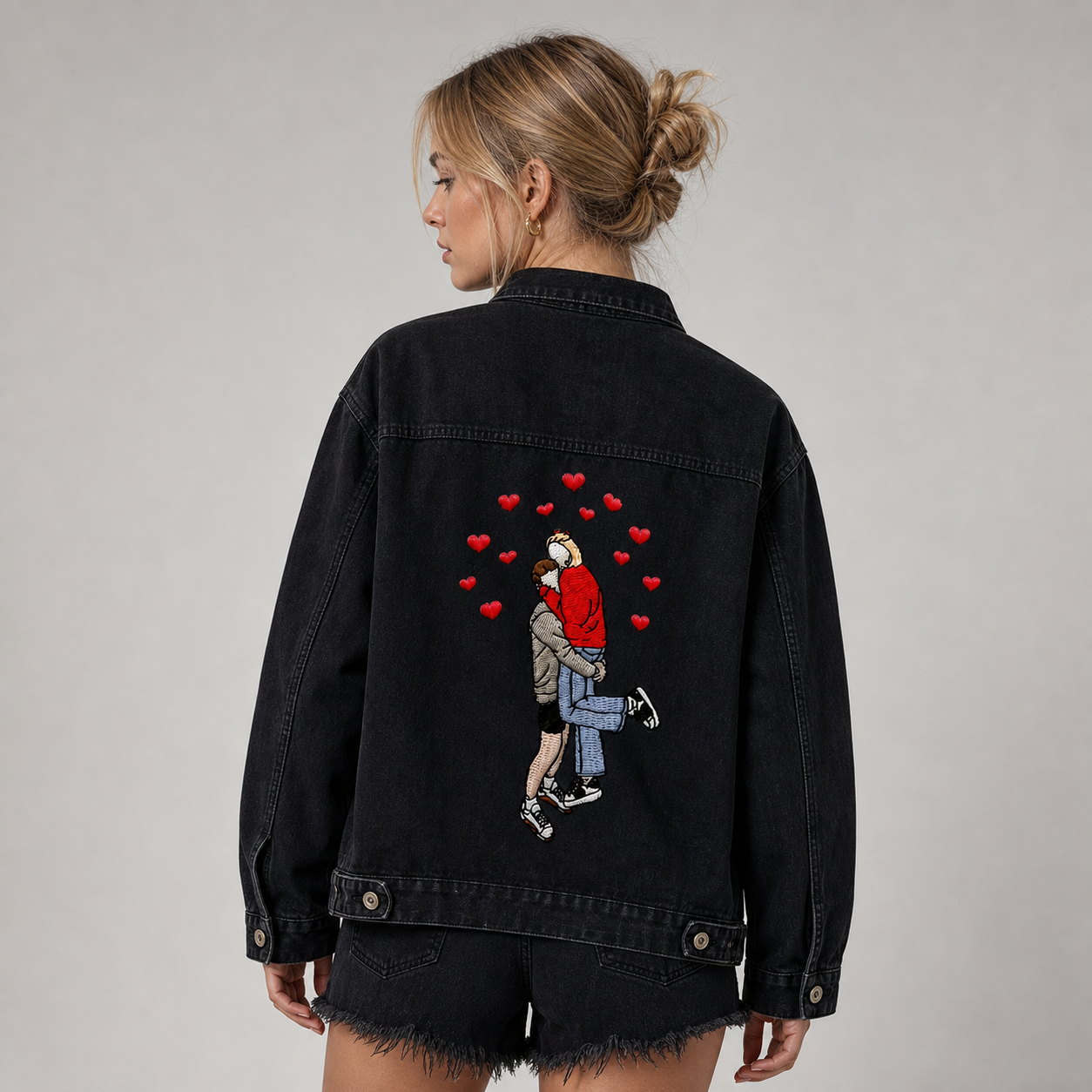 Custom Photo Embroidered on the Back Denim Jacket – Ideal for Matching Couple Looks, Anniversaries