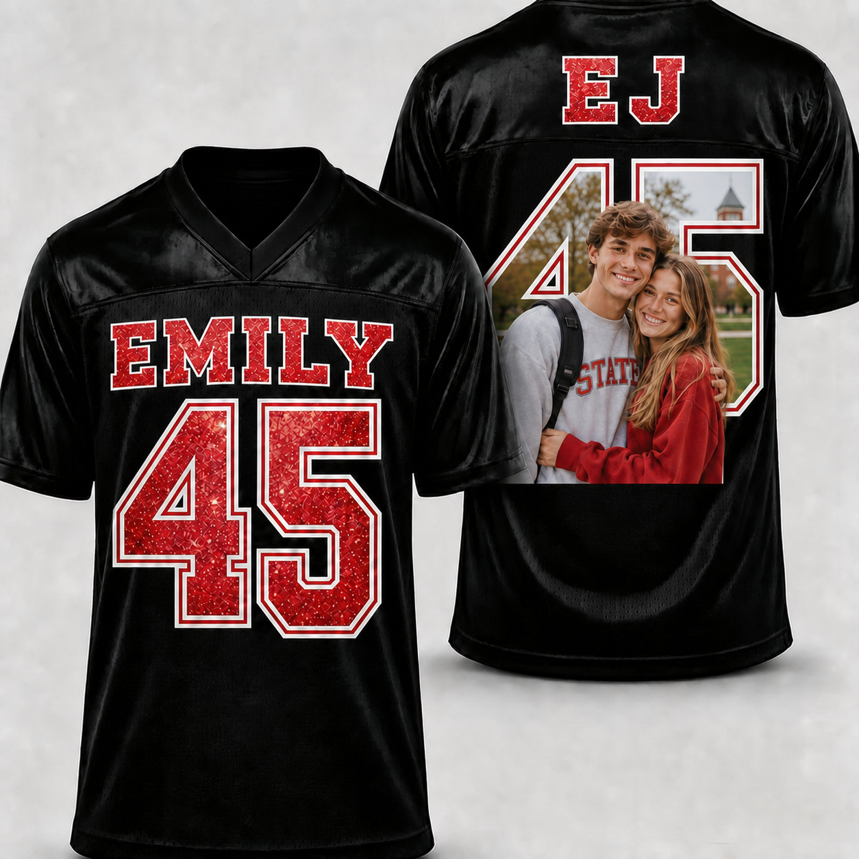 Custom Couple‘s Football Jersey – Personalized with Names & Meaningful Numbers on Front, Photo & Initials on Back – Perfect for Game Day, Anniversaries & Matching Couple Outfits