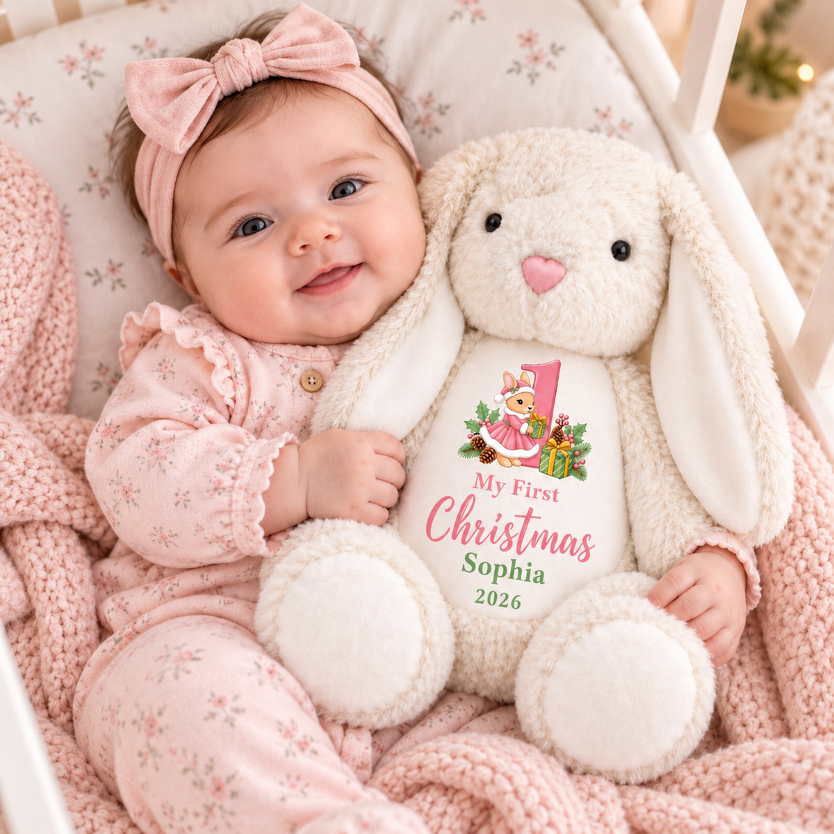 My First Christmas Bunny Plush — Custom Stuffed Rabbit, Personalized Baby's First Christmas Gift for Boy & Girl