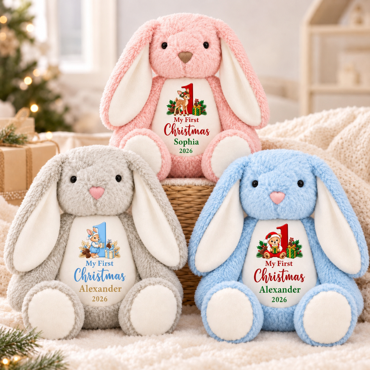 My First Christmas Bunny Plush — Custom Stuffed Rabbit, Personalized Baby's First Christmas Gift for Boy & Girl