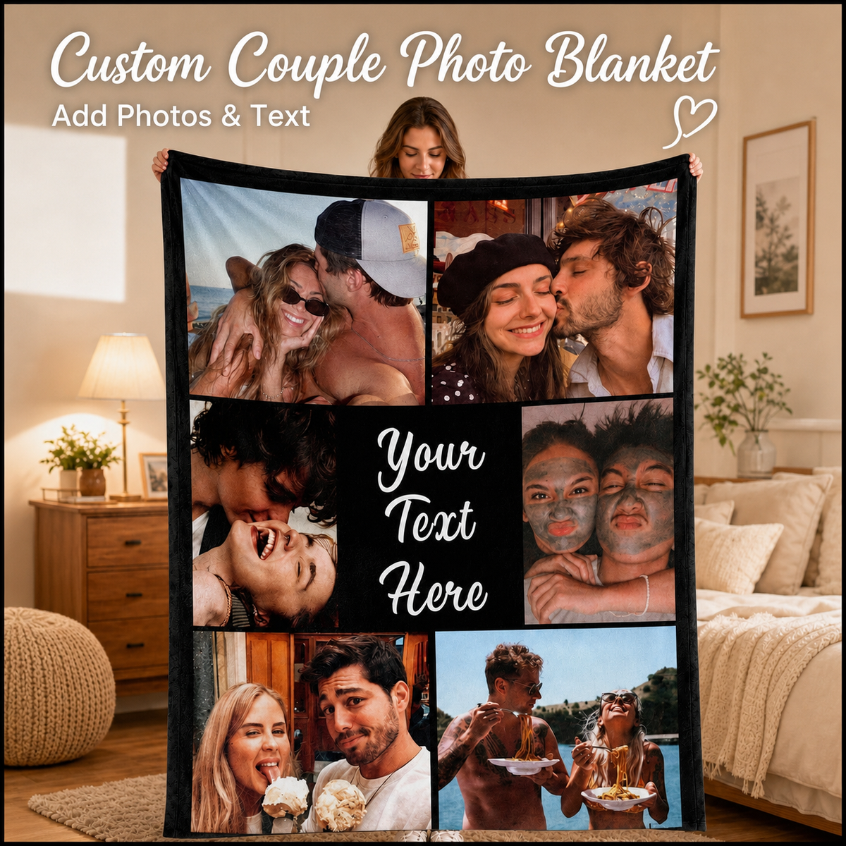 Custom Photo And Text Couple Collage Flannel Throw Blanket-Birthday Anniversary Wedding Holiday Gift
