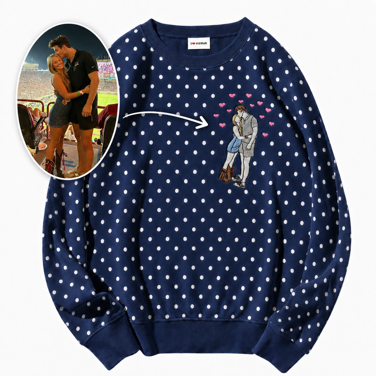 Custom Couple Photo Embroidery Polka Dot Top – Upload Your Favorite Picture, Personalized Portrait Sweatshirt / T-Shirt, Cute Gift for Her