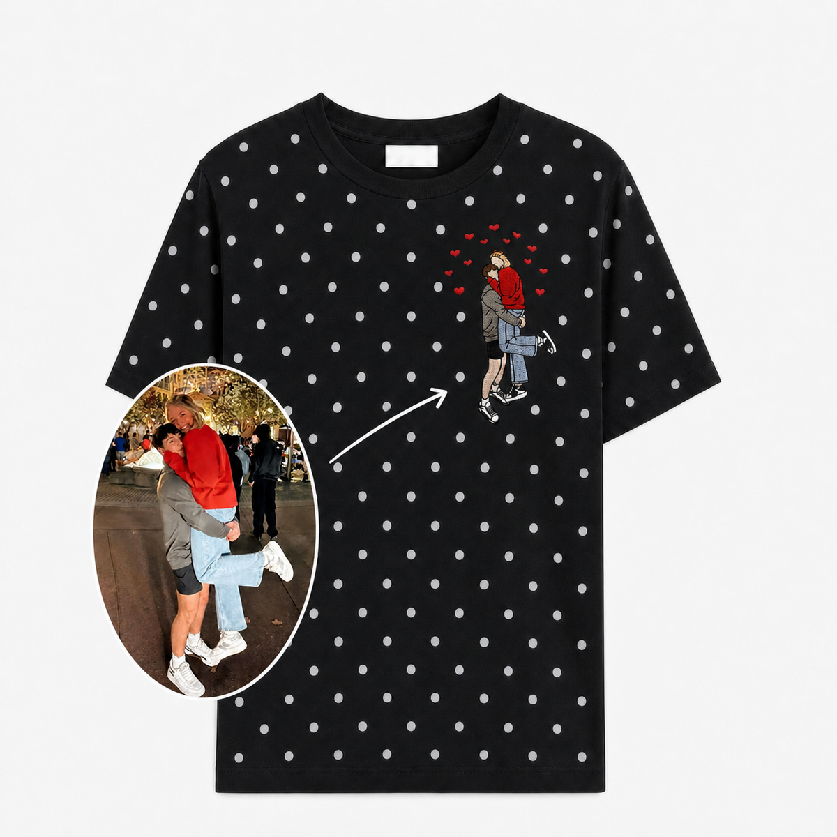 Custom Couple Photo Embroidery Polka Dot Top – Upload Your Favorite Picture, Personalized Portrait Sweatshirt / T-Shirt, Cute Gift for Her