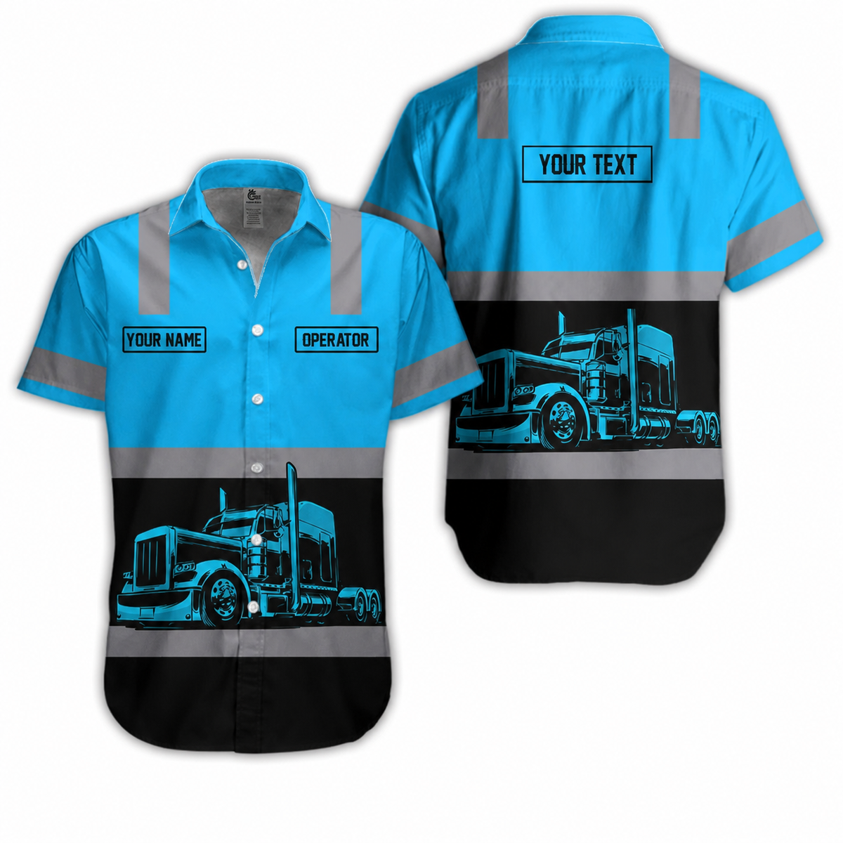 Custom Printed Trucker Uniform (with Gray Stripes) — Upload Your Truck Image and Name