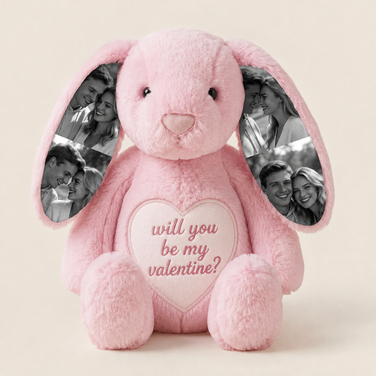Custom Photo & Text Bunny Plush – Custom Photos on Ears + Hidden Message Under Sweater, Gift for Couples & Anniversaries