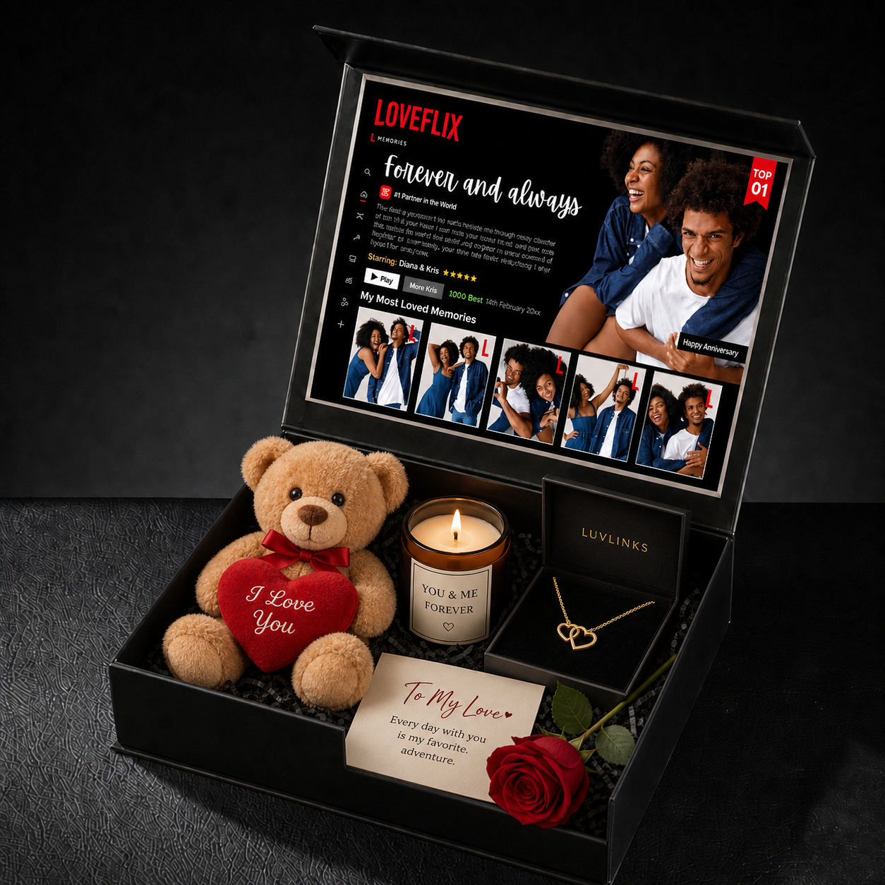 Custom LOVEFLIX Keepsake Box With Glitter Roses – Personalized Loveflix‑Style Couple Gifts
