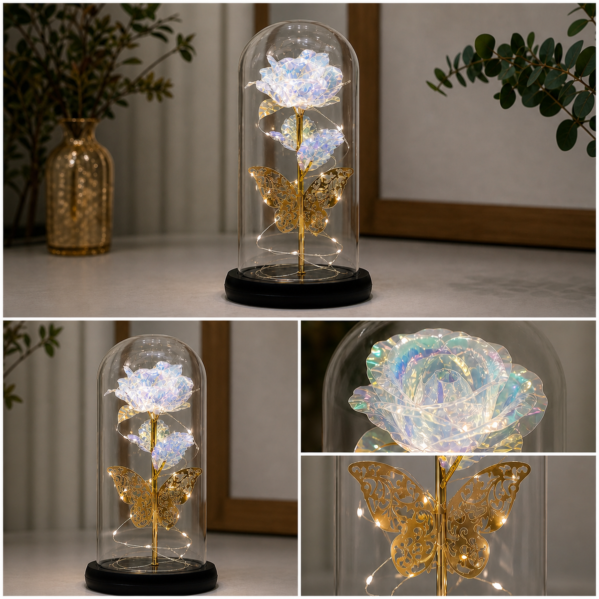Artificial Galaxy Rose with Light-Up Butterfly in Glass Dome – Couple Gift for Her on Any Occasion