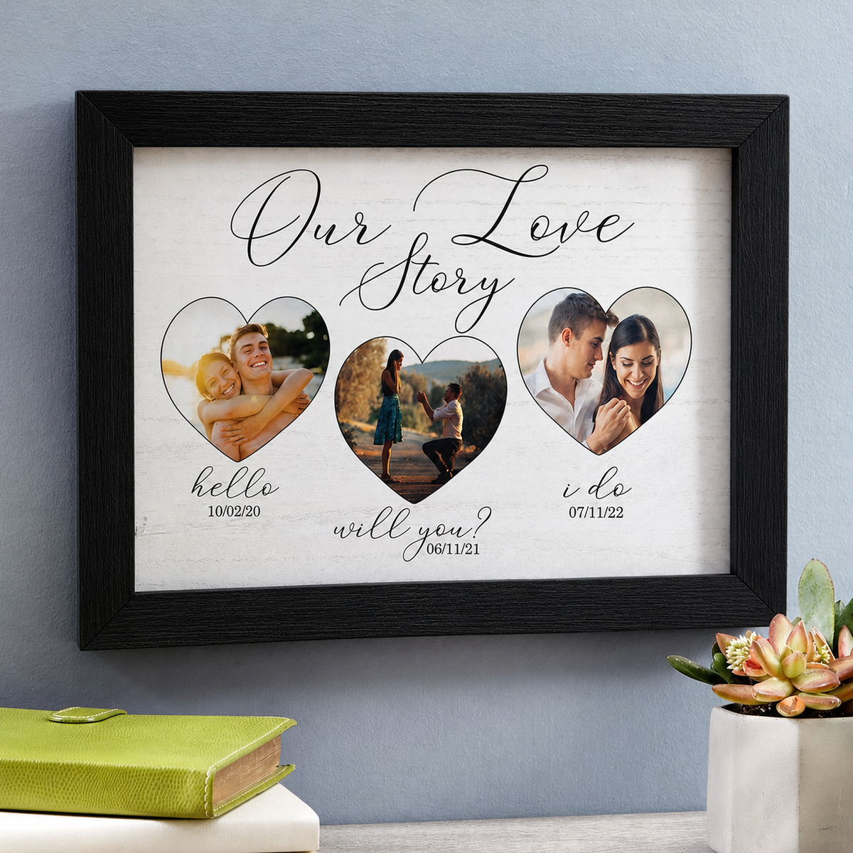 Our Love Story Photo Wooden Framed Art — Custom Couple Picture, Rustic Wood Frame Keepsake Gift