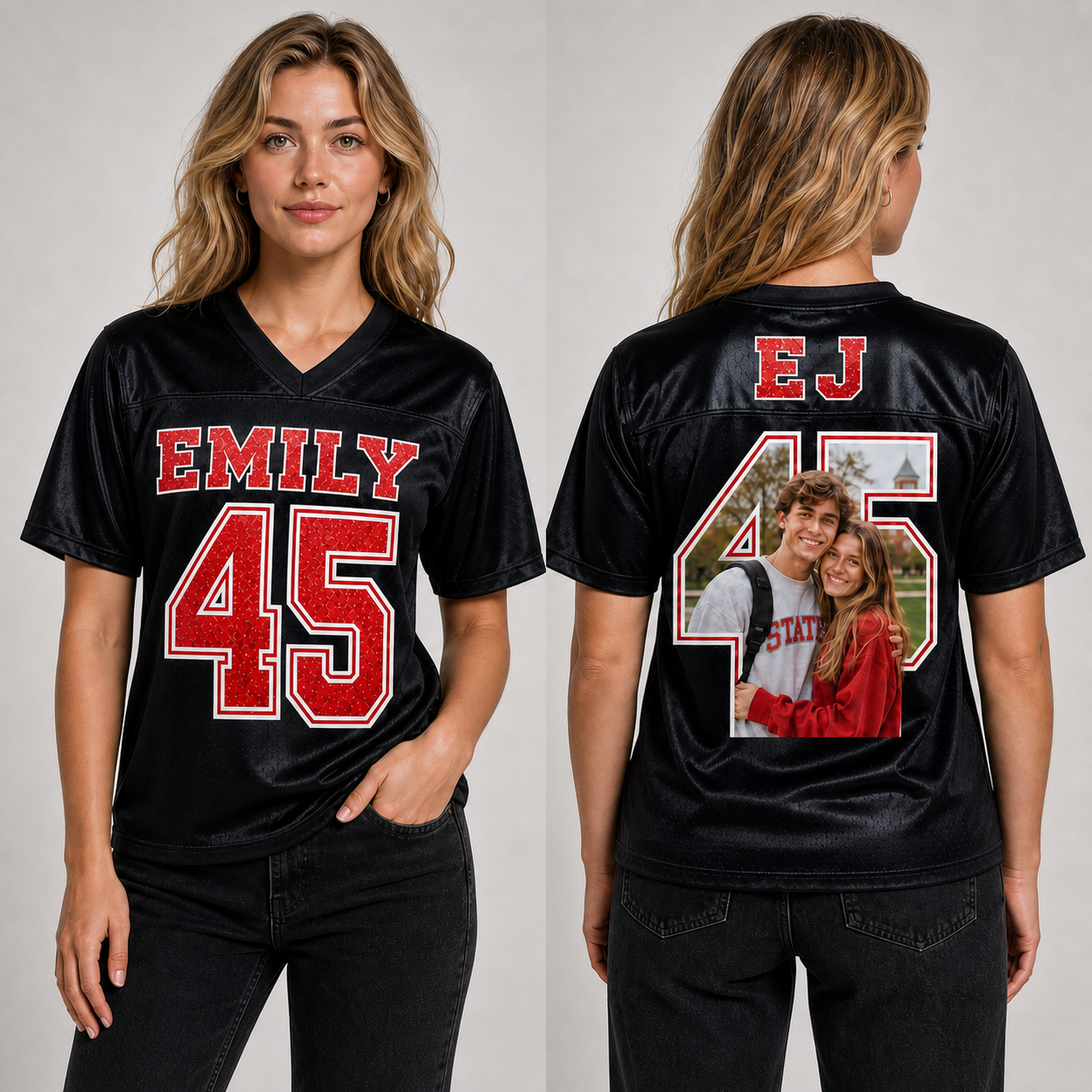 Custom Couple‘s Football Jersey – Personalized with Names & Meaningful Numbers on Front, Photo & Initials on Back – Perfect for Game Day, Anniversaries & Matching Couple Outfits