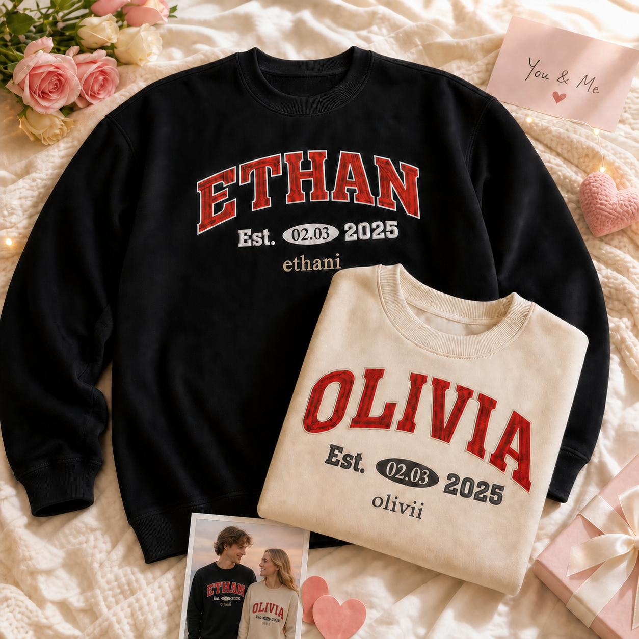 Custom Embroidered Couple‘s Sweatshirt – Personalized with Names, Anniversary Date & Your Special Text