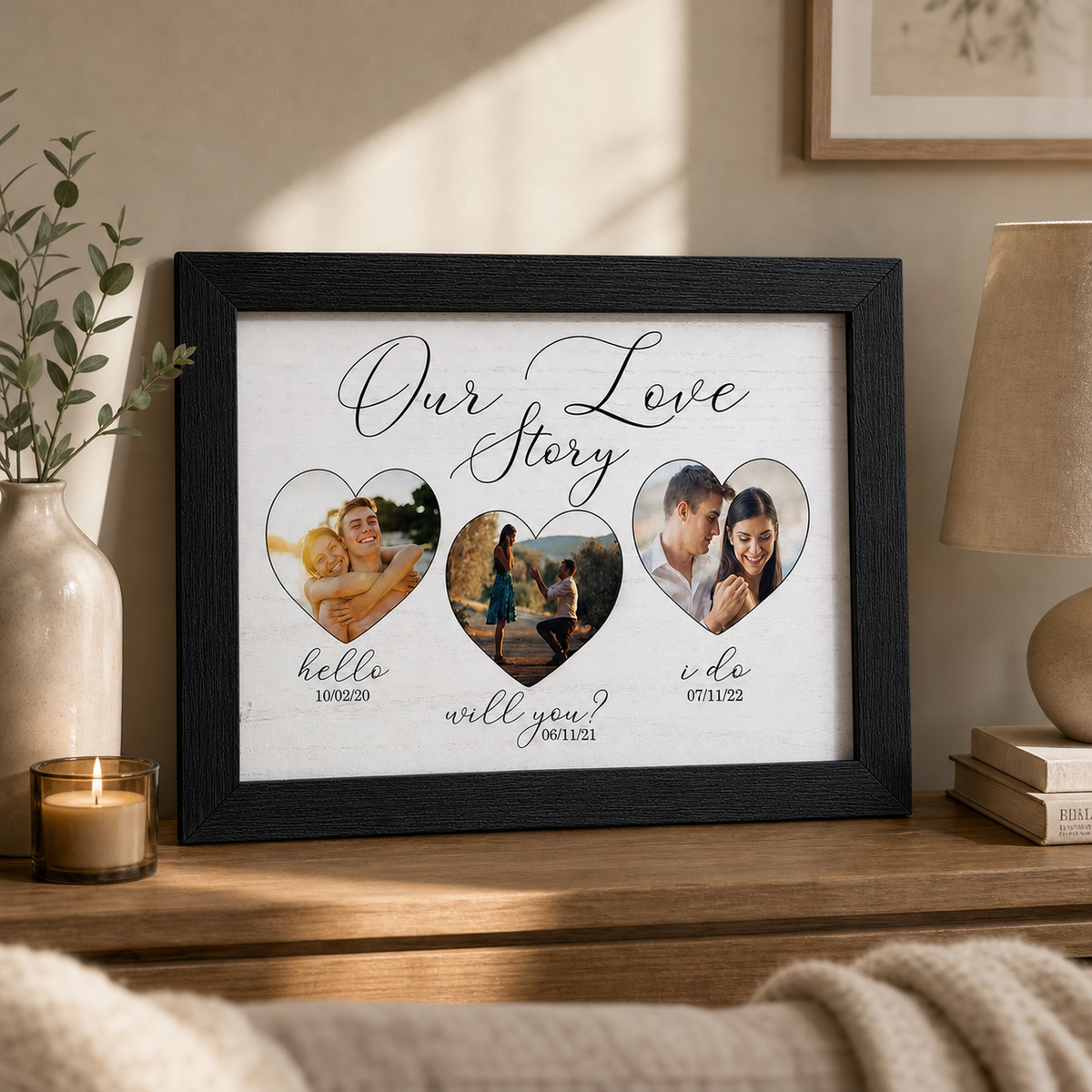 Our Love Story Photo Wooden Framed Art — Custom Couple Picture, Rustic Wood Frame Keepsake Gift