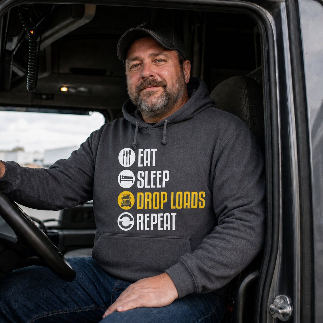 EAT SLEEP DROP LOANS REPEAT – Funny Truck Driver Hoodie, Novelty Sweatshirt for Truckers, Cool Gift Idea