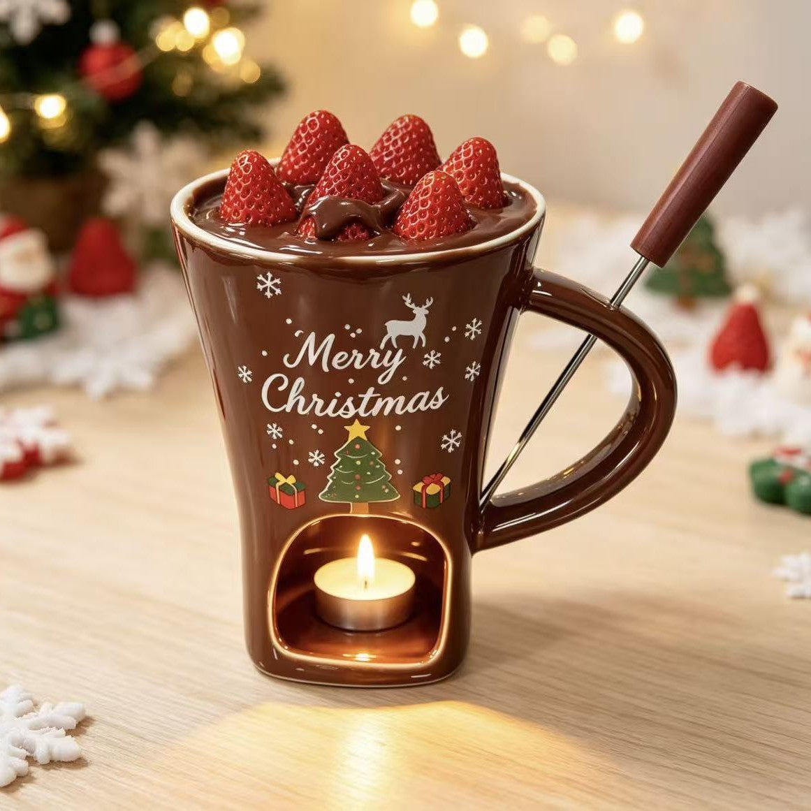 Holiday Ceramic Hot Chocolate Mug with Candle Warmer – Christmas Gift for Cocoa Lovers & S'mores Nights