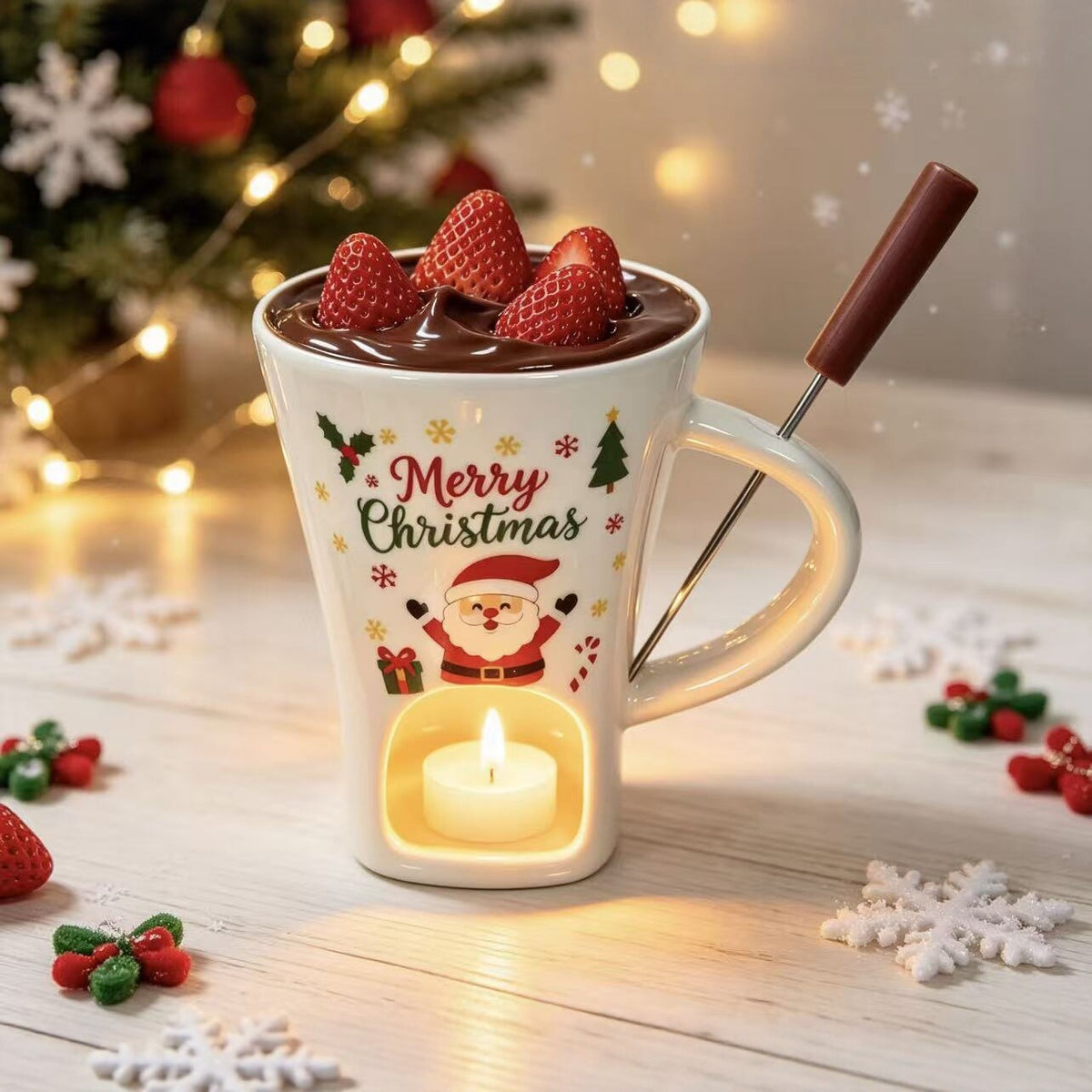 Holiday Ceramic Hot Chocolate Mug with Candle Warmer – Christmas Gift for Cocoa Lovers & S'mores Nights