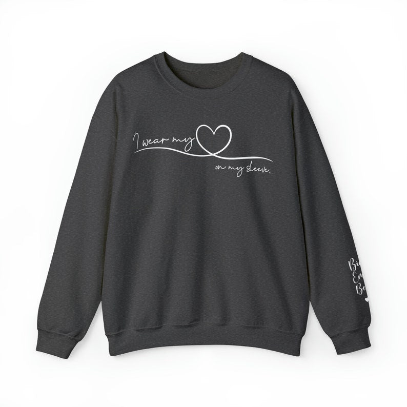 Personalized Mom Sweatshirt With Kids Names, Mom Sweatshirt, I Wear My Heart On My Sleeve, Mama Sweatshirt, Mother's Day Gift from Kids