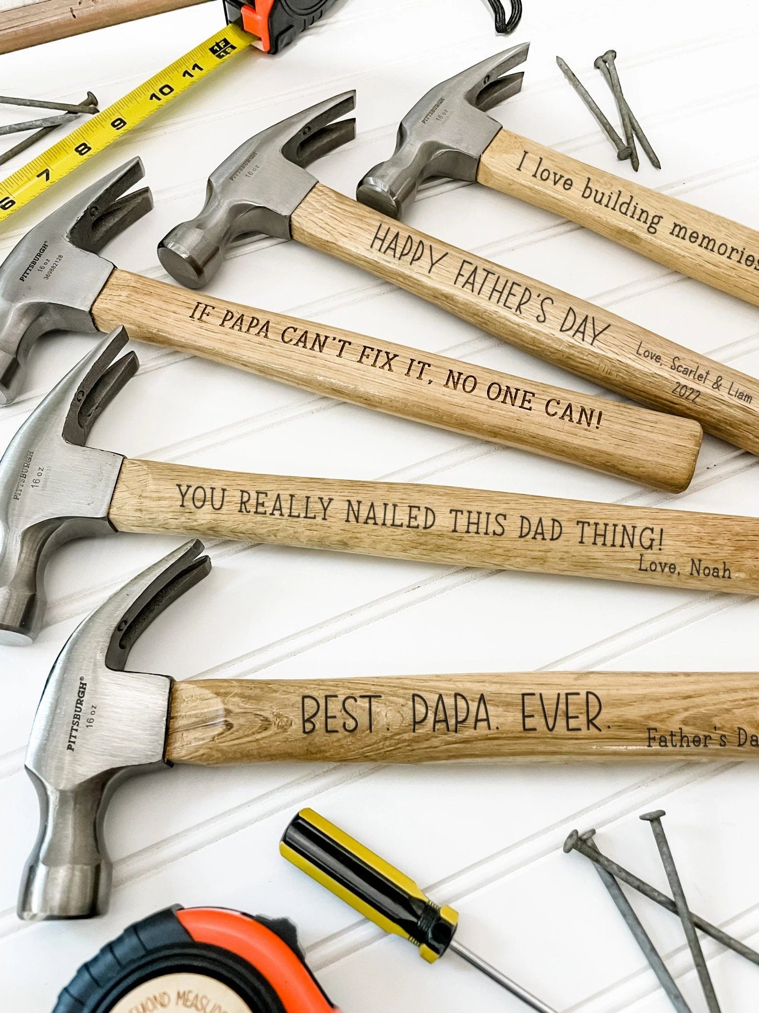 The Best Papa Ever - Family Personalized Custom Tape Measure/Hammer Set - Gifts to Father