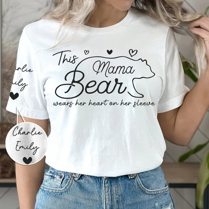 This Mama Bear Wears Her Heart On Her Sleeve - Family Personalized Unisex T-Shirt With Design On Sleeve - Gift For Mom