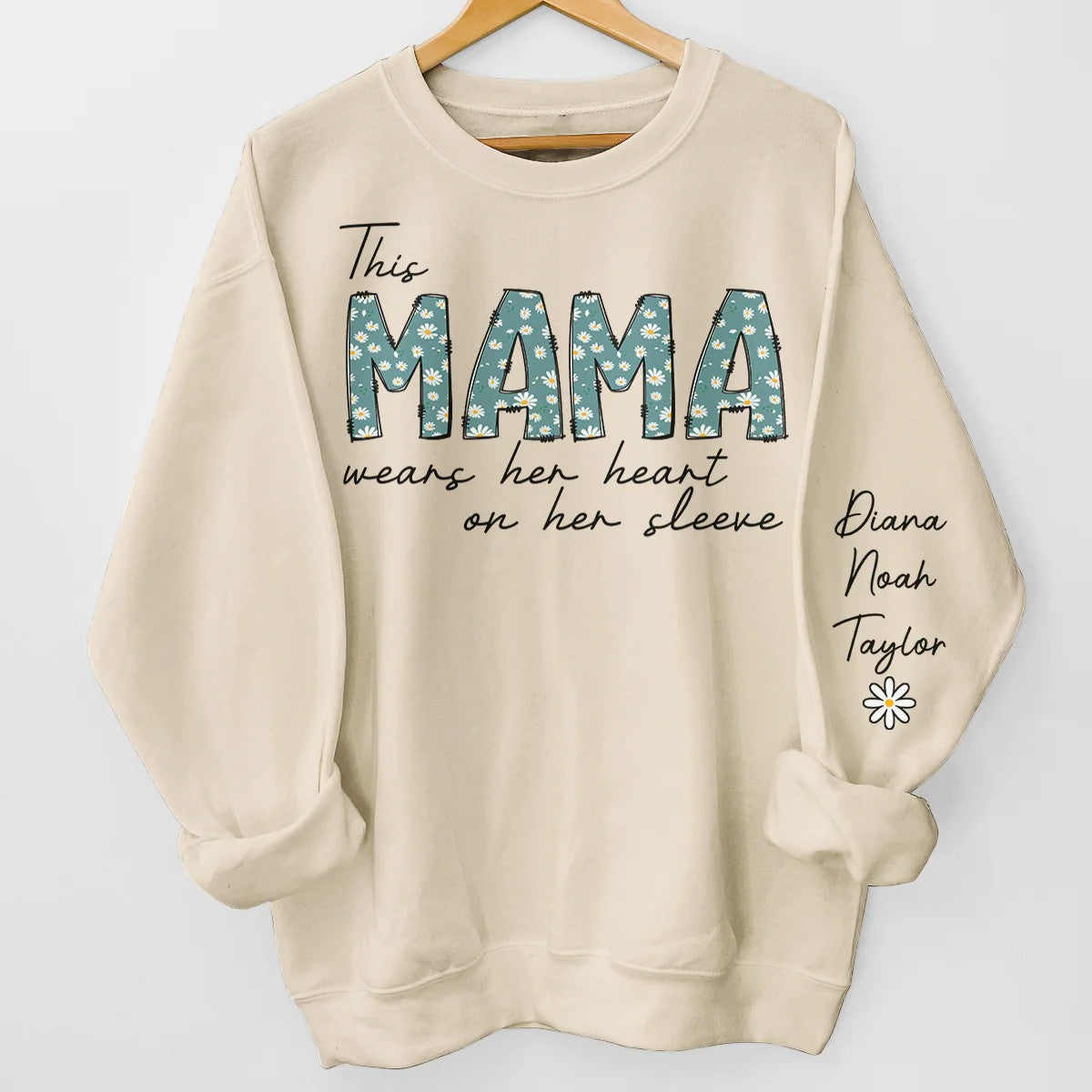 This Mommy Wears Her Heart On Her Sleeve - Family Personalize Unisex Sweatshirt With Design On Sleeve - Birthday Gift For Mom, Grandma