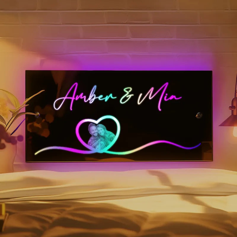 Personalized Photo Name Mirror Light Heart Couple Gift