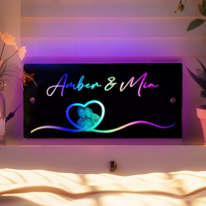 Personalized Photo Name Mirror Light Heart Couple Gift
