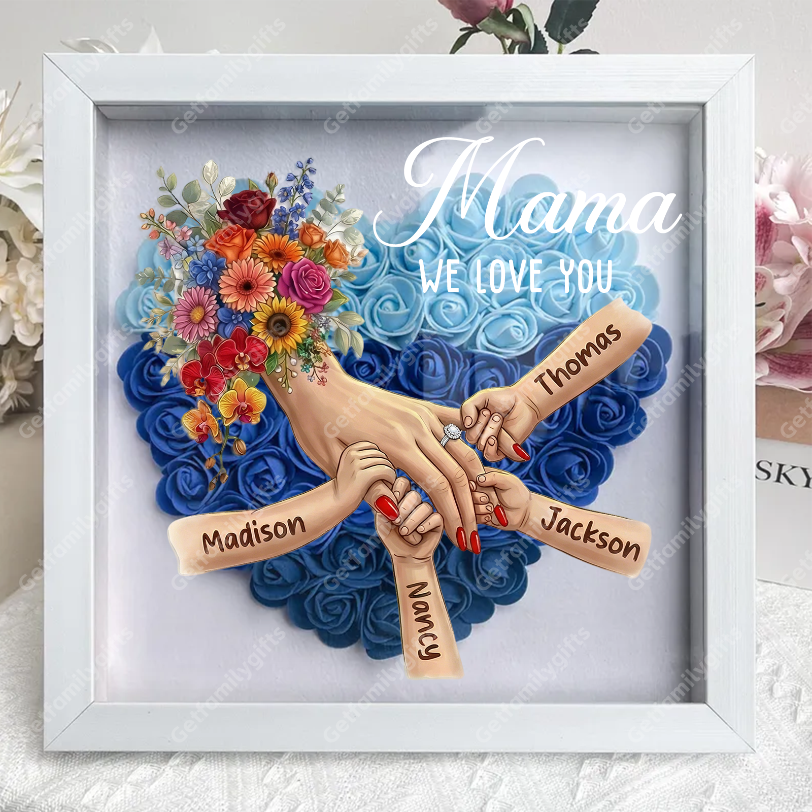 Personalized Mommy Holding Hands Shadow Box with Ring & Manicure – Custom Kids Names Floral Heart Frame, Premium Mother’s Day Gift