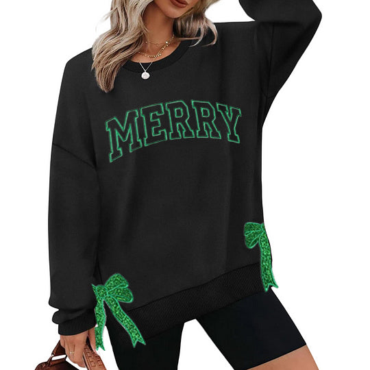 Christmas Applique Bow Shirt, Cute Christmas Shirt, Coquette Bow, Embroidered Side Slit Bow Shirt