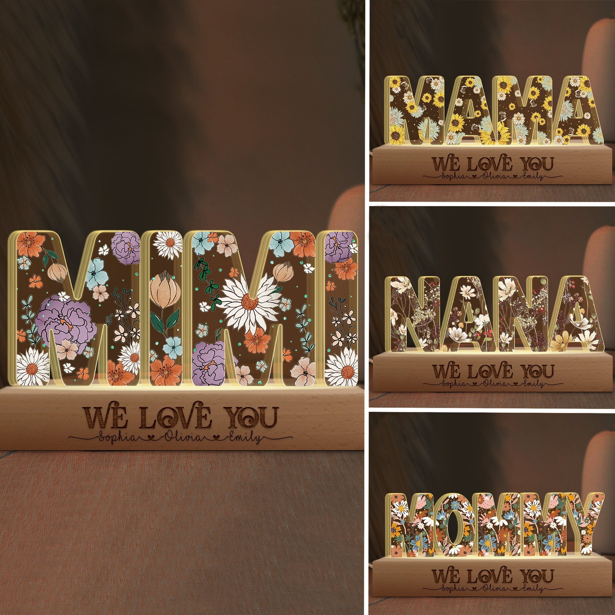 Custom Mother's Day Gift, Personalized Mom Flowers 3D LED Lights Mother's Day Gift for Grandma, Customized Gift for Nana