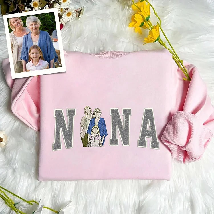 A Glittering Gift for Grandma, Personalized Portrait Sweatshirt with Embroidered Family Photo & Sparkle