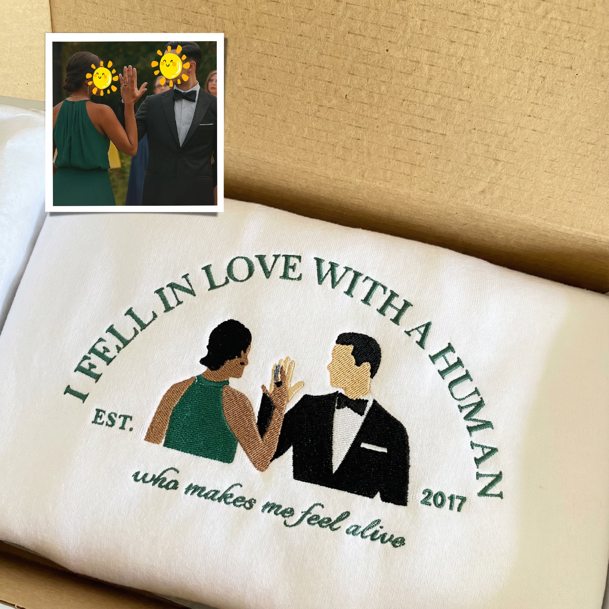 Custom Embroidered Couple Hoodie, Personalized Portrait With Your Text & Date