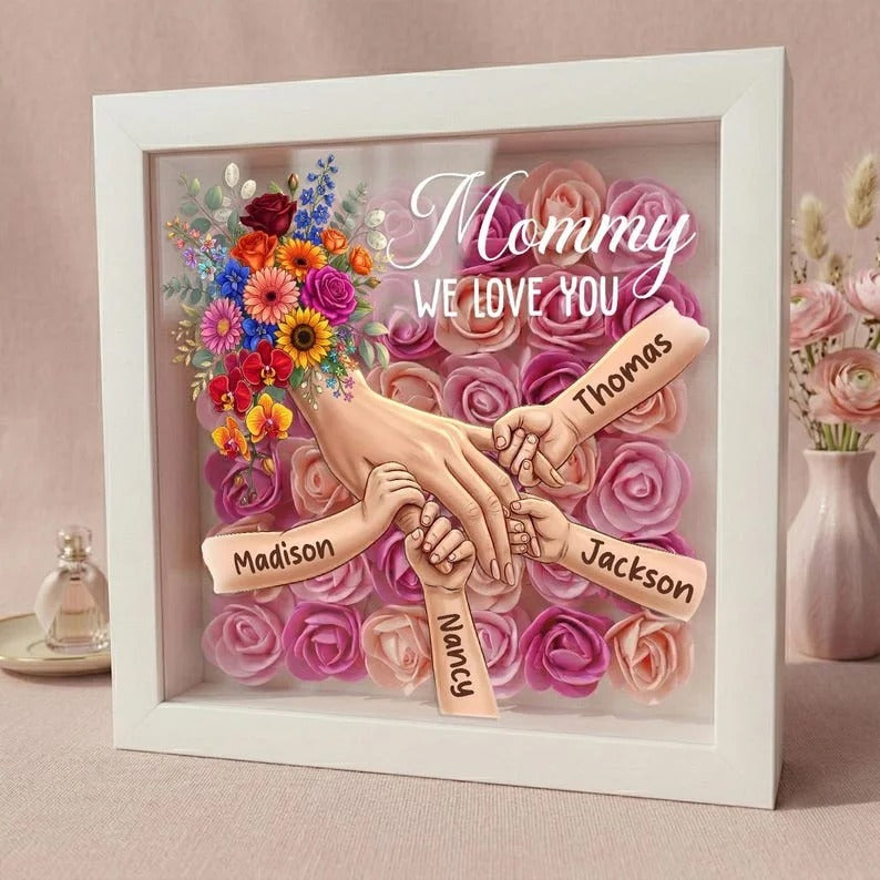 Custom Mommy Holding Hands Shadow Box – Custom Mixed Skin Tone Hands & Kids Names Floral Heart Frame Gift for Mom & Grandma | Mother’s Day Gift