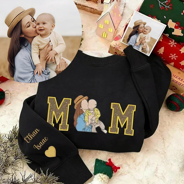 A Glittering Gift for Grandma, Personalized Portrait Sweatshirt with Embroidered Family Photo & Sparkle