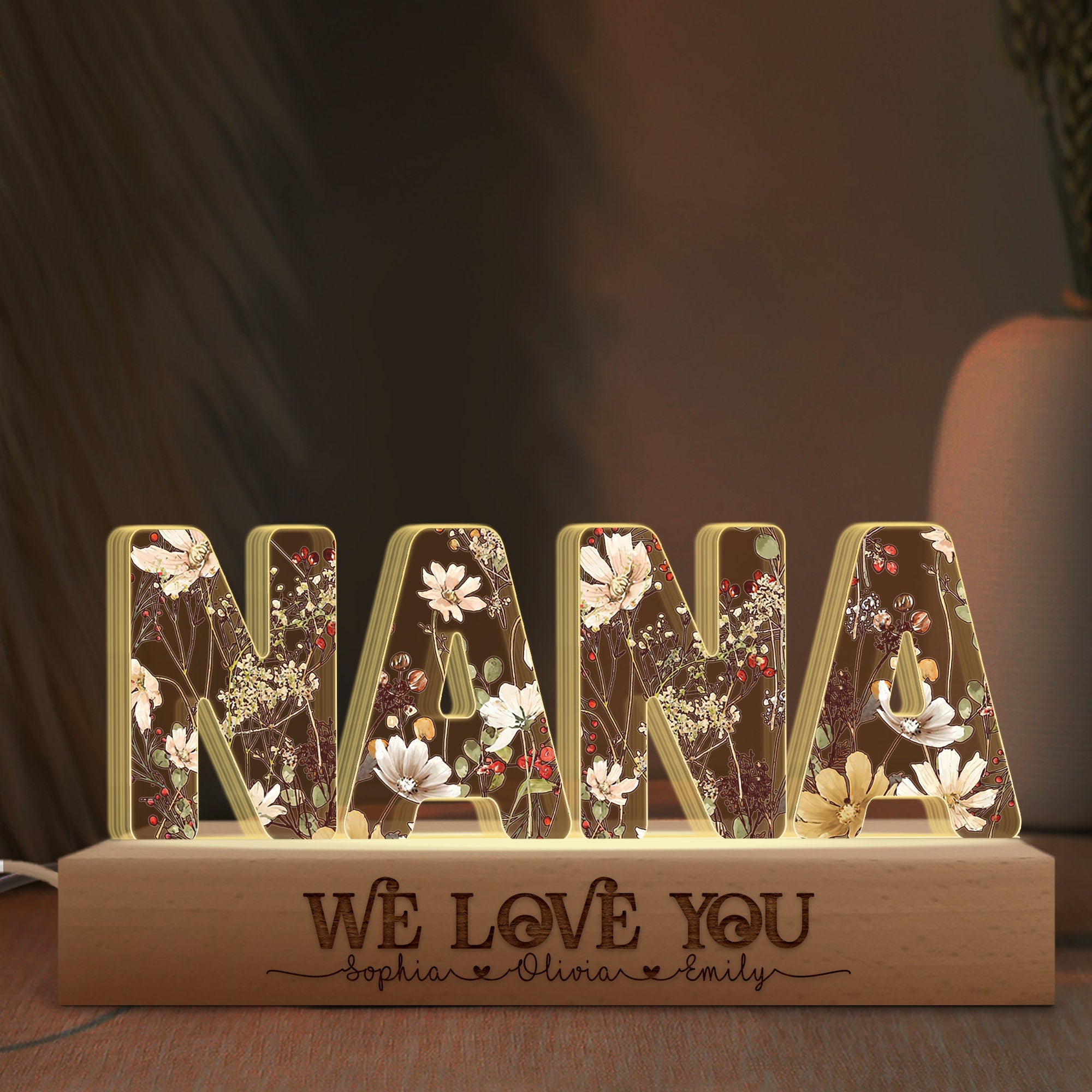 Custom Mother's Day Gift, Personalized Mom Flowers 3D LED Lights Mother's Day Gift for Grandma, Customized Gift for Nana