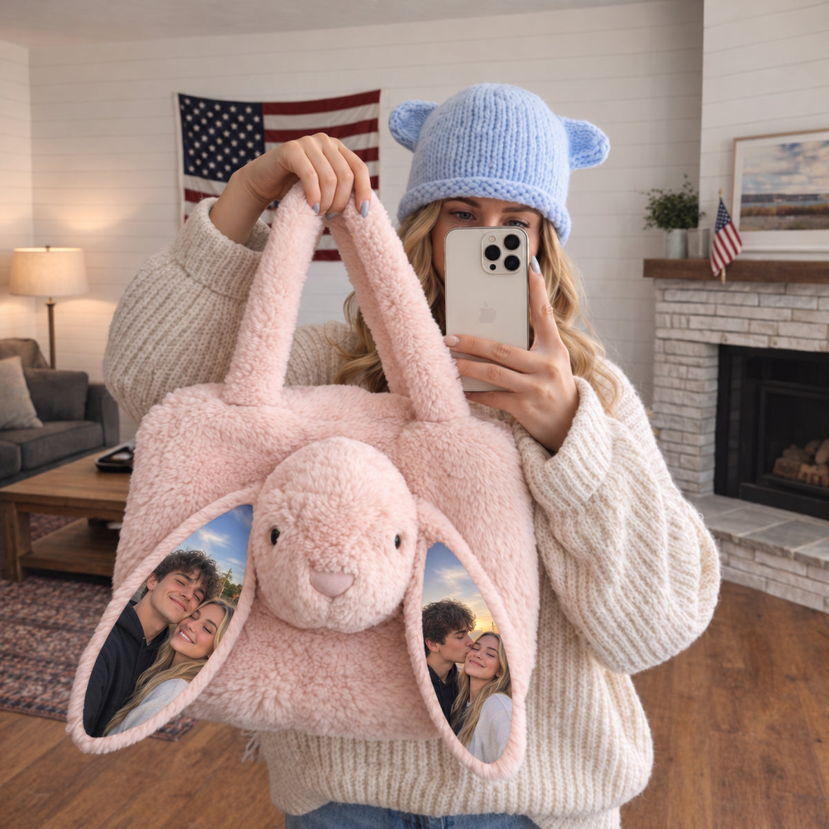 Personalized Photo Rabbit Tote Bag — Custom Picture Bunny Tote with Photo Ears, Keepsake Gift for Birthdays & Valentine's Day