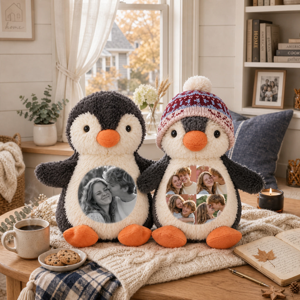 Custom Photo Penguin Plush — Personalized Stuffed Toy with Belly Photo, Memory Gift for Couples & Kids