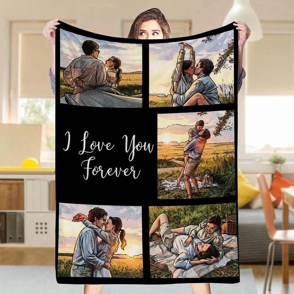 Custom 5 Photos Comic Style Blanket – "I Love You Forever" Personalized Plush Throw, Couple Memory Gift