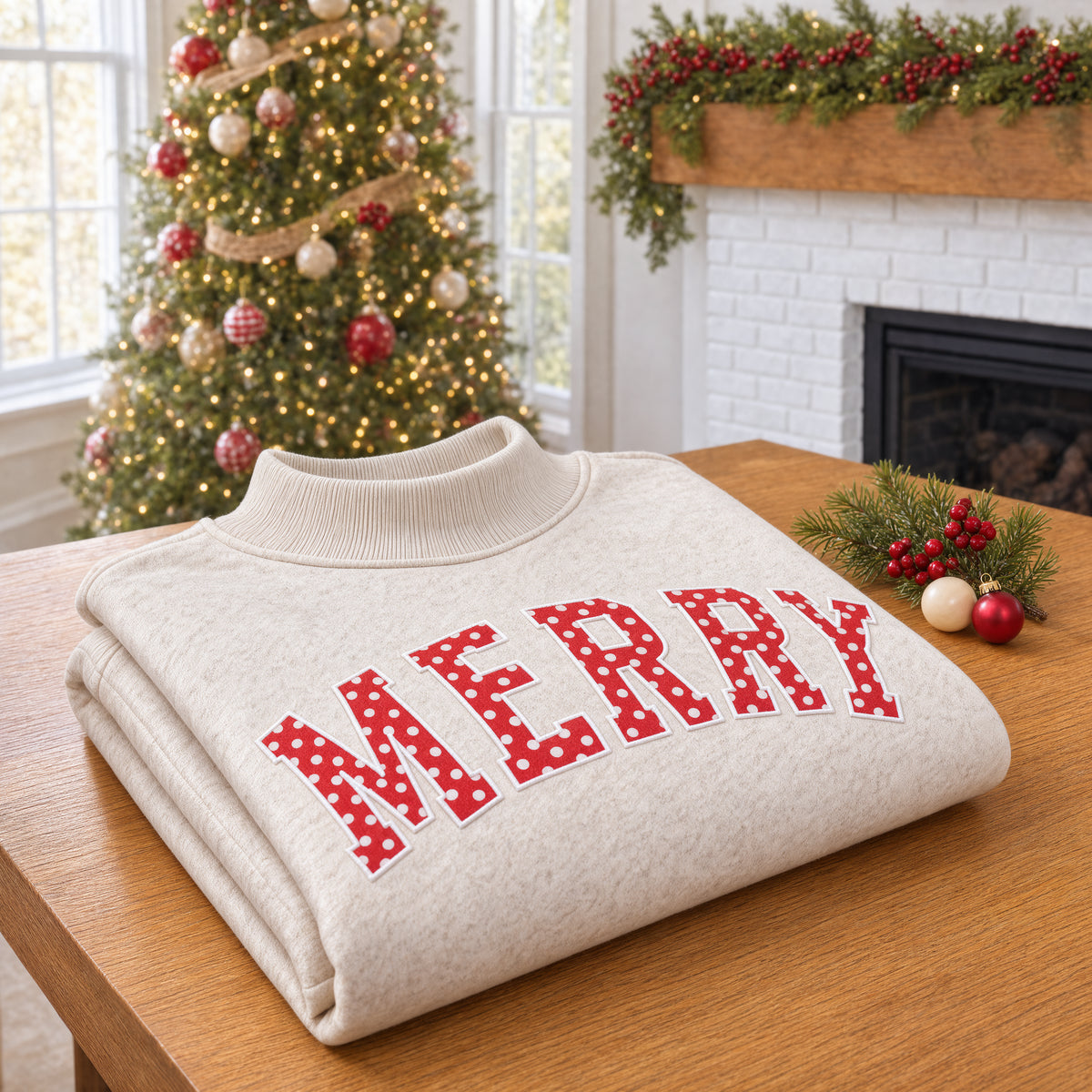 Merry Polka Dot Mock Neck Sweatshirt — Personalized Holiday Text, Holiday Style