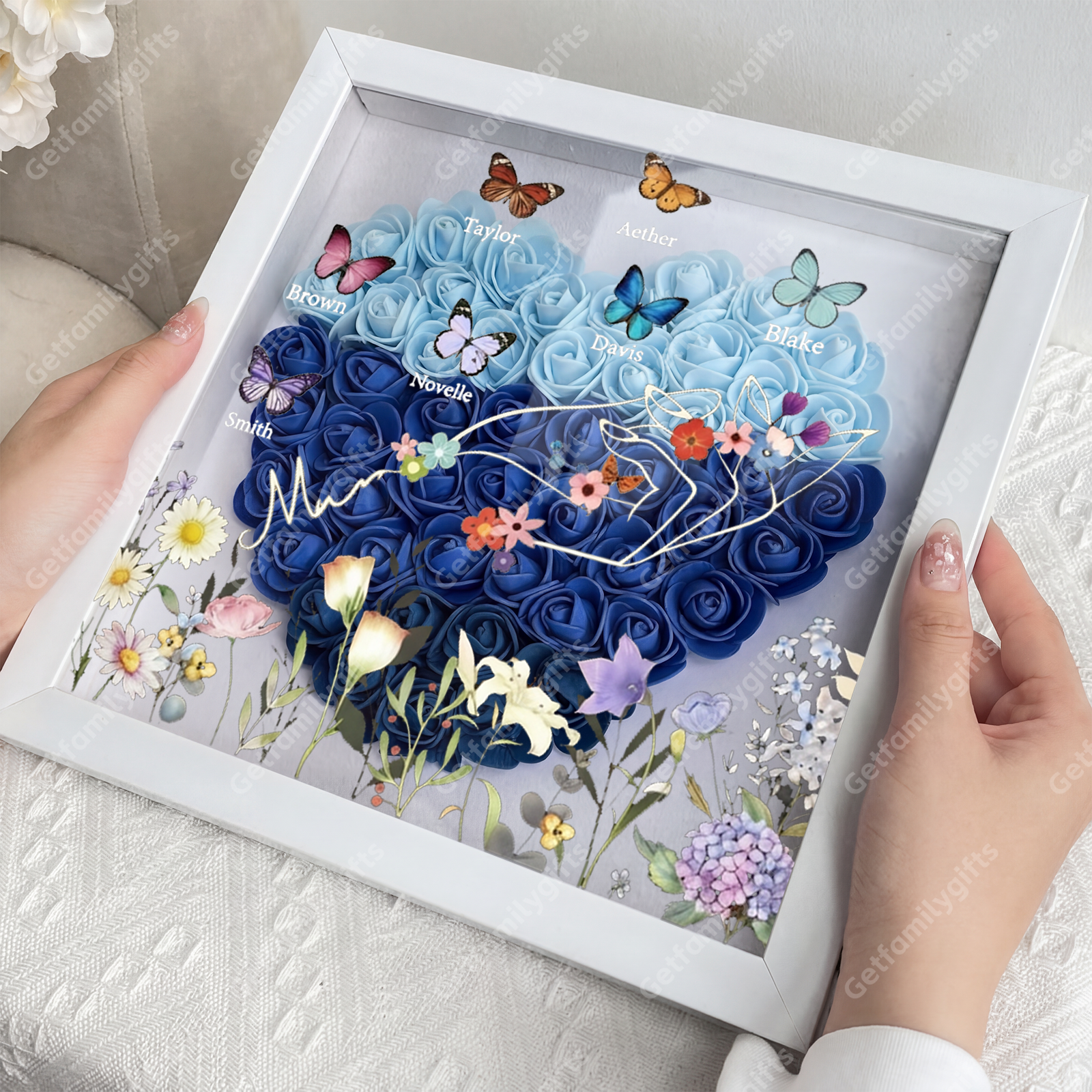 Custom flower shadow box with butterfly kid names-gift for mother's day