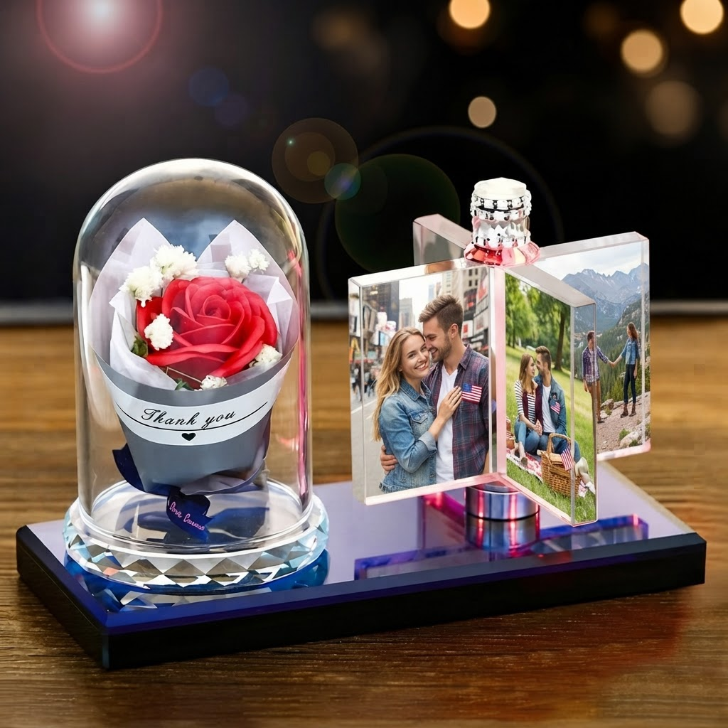 Custom Rotating Windmill Crystal Photo Frame with Faux Flower — Personalized Decor & Gift
