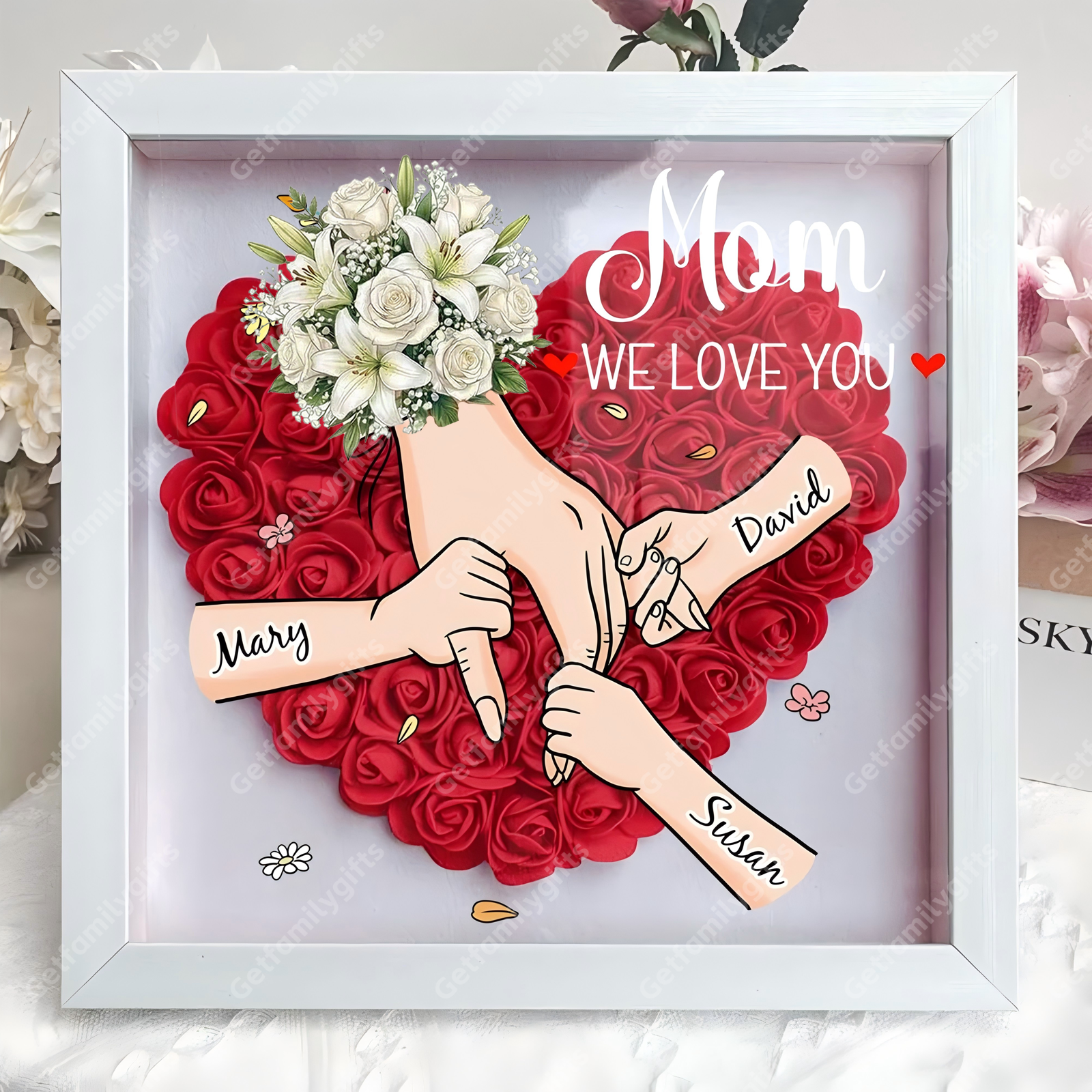 Custom Floral Hand Flower Shadow Box – Holding Hands Frame with Choice of Bouquet, Mother’s Day Gift