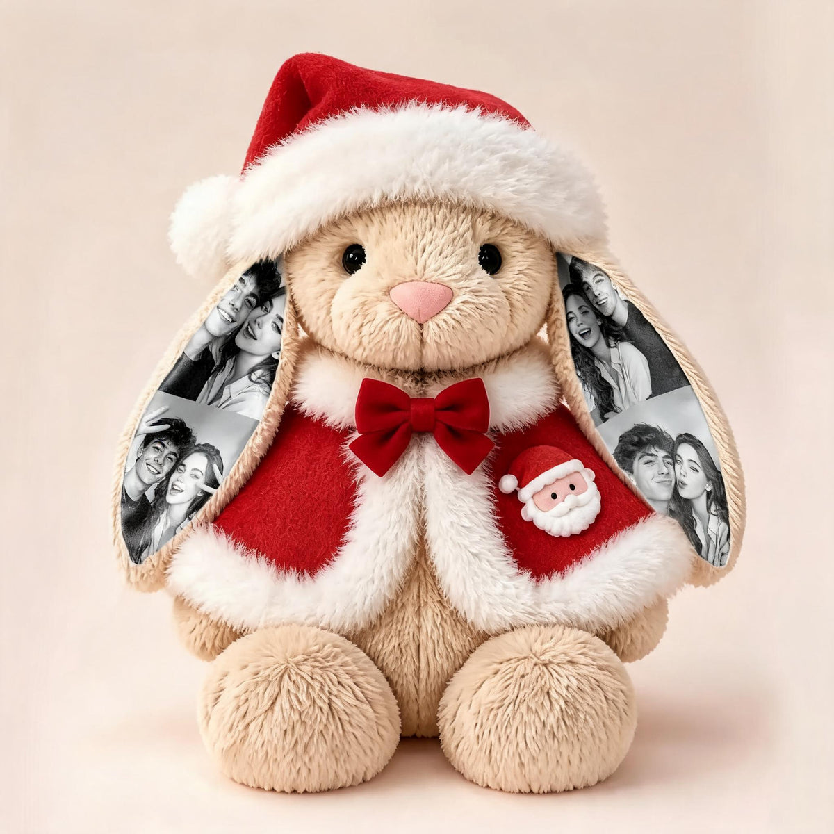 Custom Photo Bunny Plush with Santa Hat & Red Cape — Personalized Long-Ear Rabbit Stuffed Animal Christmas Gift