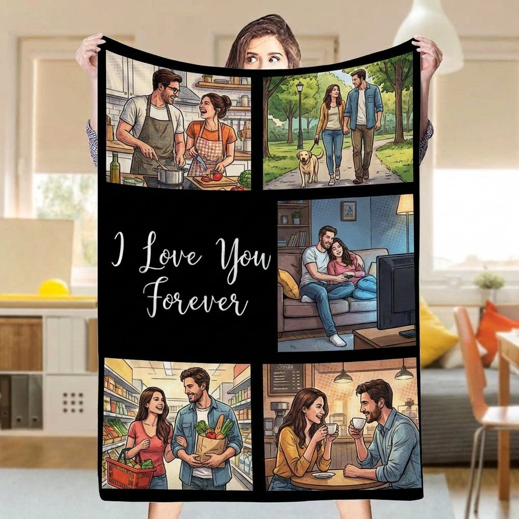 Custom 5 Photos Comic Style Blanket – "I Love You Forever" Personalized Plush Throw, Couple Memory Gift