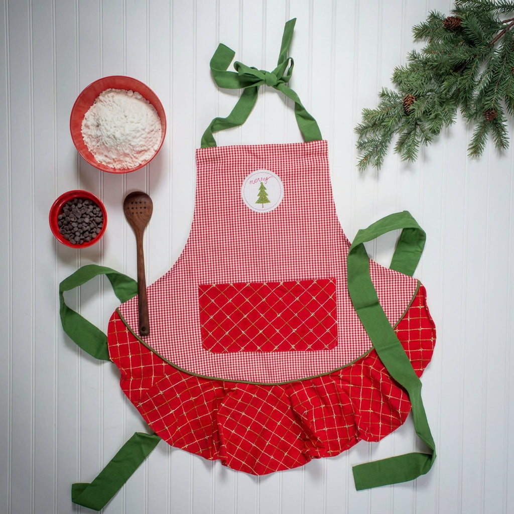 Merry Christmas Ruffle Apron– Adjustable Holiday Cooking Apron with Frilly Ruffles, Perfect Christmas Gift